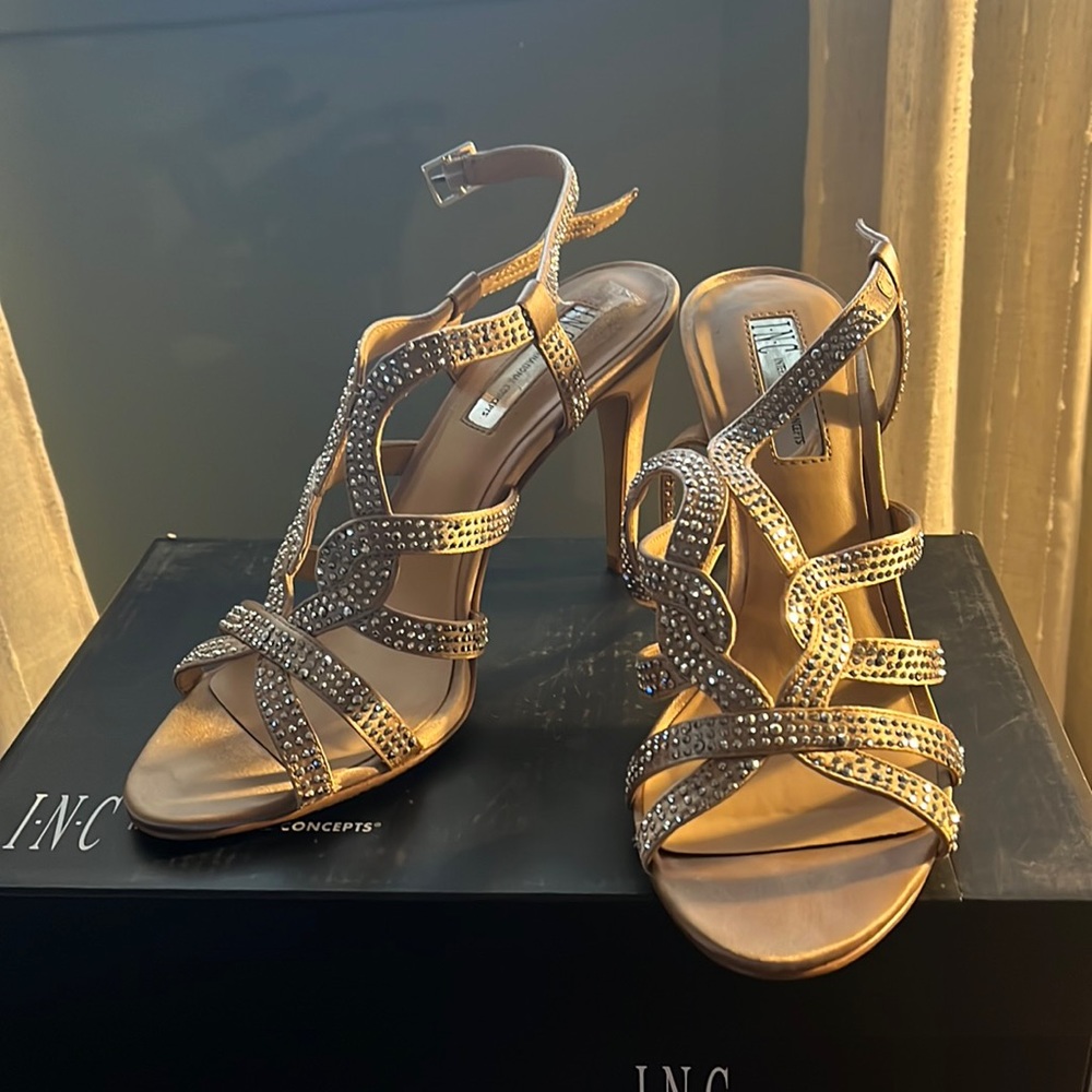 INC Rhinestone golden bronze heels